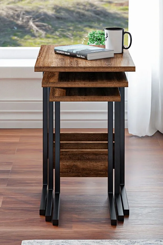 Zg3 Metal Ayaklı 3'lü Zigon Sehpa - Ceviz